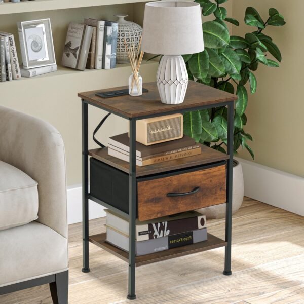 FurnitureR Nightstands with LED Lights and Charging Station, Bend Table for Living Room Bedroom, Bed Side Table Night Stand with Drawer and Open Storage Shelf, Set of 2, Rustic Brown - Image 7