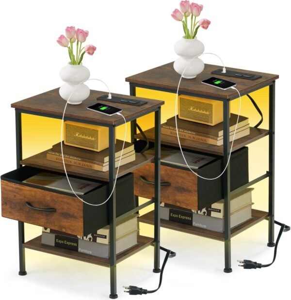 FurnitureR Nightstands with LED Lights and Charging Station, Bend Table for Living Room Bedroom, Bed Side Table Night Stand with Drawer and Open Storage Shelf, Set of 2, Rustic Brown