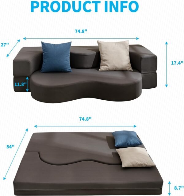 Mjkone Full Size Floding Sofa Bed, Floor Sofa Bed with Memory Foam, Upholstered Convertible Couch Bed, Fold Out Futon Sleeper Couch Bed for Living Room,Guest Room, Washable Cover,Dark Gray - Image 3