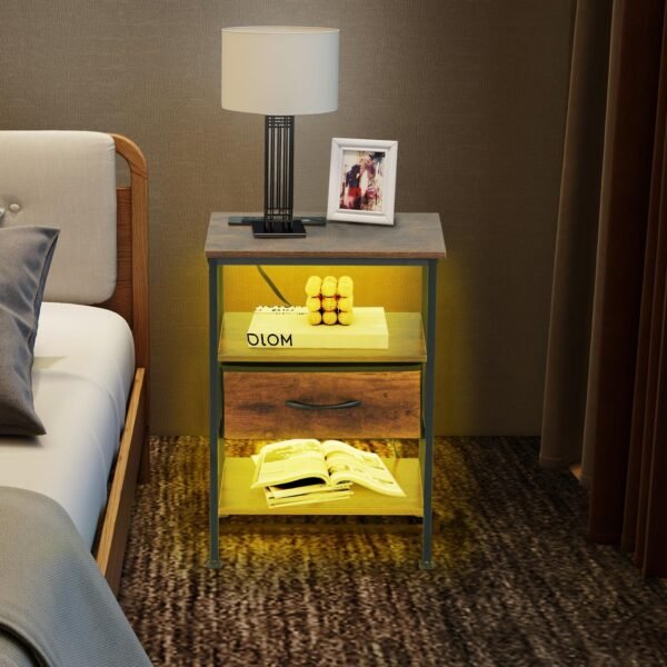FurnitureR Nightstands with LED Lights and Charging Station, Bend Table for Living Room Bedroom, Bed Side Table Night Stand with Drawer and Open Storage Shelf, Set of 2, Rustic Brown - Image 2