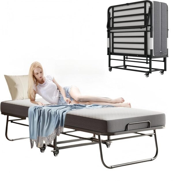 Deluxe Folding Bed with Adult Mattress, Twin Size, Portable Folding Bed with Deluxe Memory Foam Mattress and Extra Strong Frame, 75“ x 46”, Folds, Rolls and Conceals (75"×46"(a))
