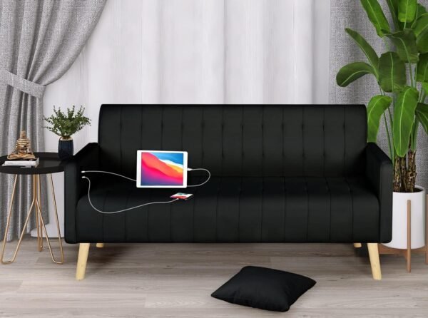 TYBOATLE Mid-Century Modern Striped PU Leather Loveseat Sofa w/ 2 USB Charging Ports, Love Seats Couches w/Pillow for Small Space, Living Room, Office, Apartment, Dorm, Office, 57“ W(White) (Black) - Image 2