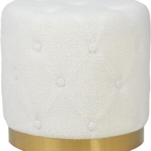 Asense Faux Fur Round Ottoman Button Tufted Upholstered Footrest Extra Seating with Gold Metal Base, White