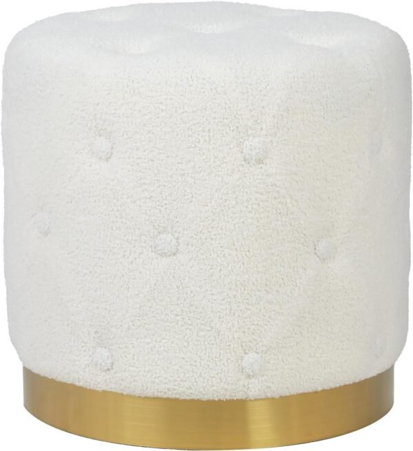 Asense Faux Fur Round Ottoman Button Tufted Upholstered Footrest Extra Seating with Gold Metal Base, White