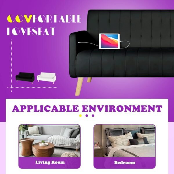 TYBOATLE Mid-Century Modern Striped PU Leather Loveseat Sofa w/ 2 USB Charging Ports, Love Seats Couches w/Pillow for Small Space, Living Room, Office, Apartment, Dorm, Office, 57“ W(White) (Black) - Image 8