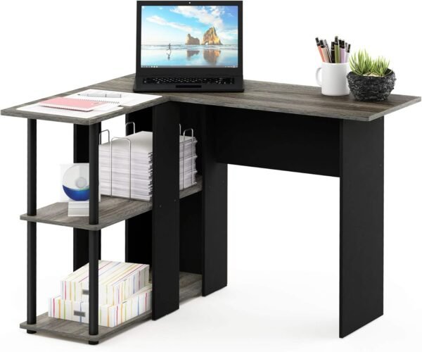 Furinno Abbott L-Shape Computer Desk with Bookshelf, French Oak Grey/Black - Image 6
