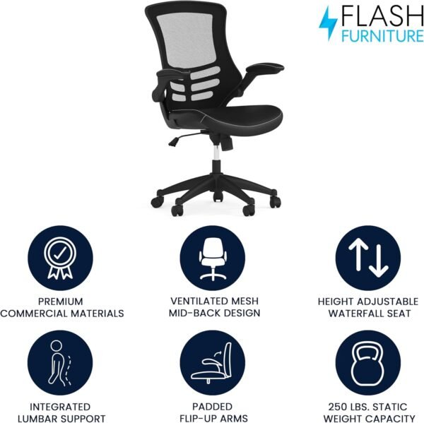 Flash Furniture Kelista Mid-Back Swivel Office Chair with Adjustable Seat Height, Ergonomic Mesh Desk Chair with LeatherSoft Seat, Black - Image 4