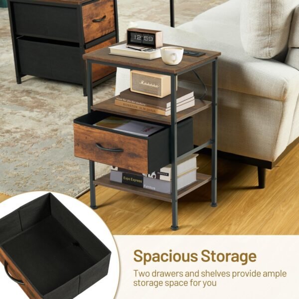 FurnitureR Nightstands with LED Lights and Charging Station, Bend Table for Living Room Bedroom, Bed Side Table Night Stand with Drawer and Open Storage Shelf, Set of 2, Rustic Brown - Image 4