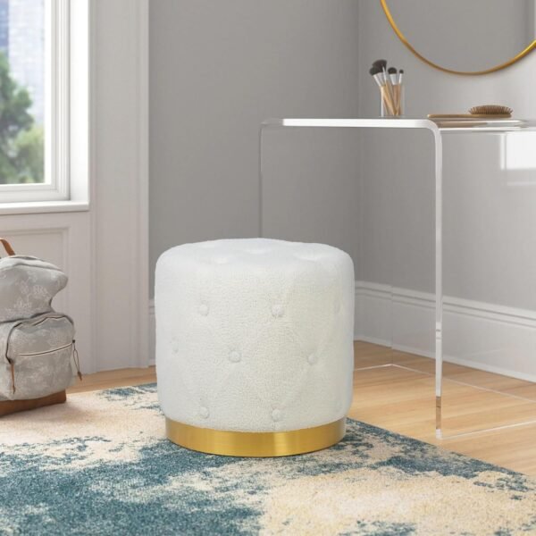 Asense Faux Fur Round Ottoman Button Tufted Upholstered Footrest Extra Seating with Gold Metal Base, White - Image 4