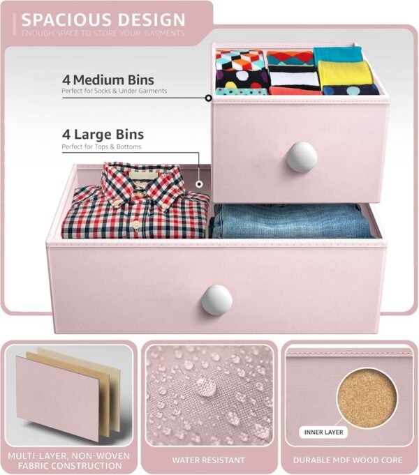 Sorbus Fabric Dresser for Kids Bedroom - Chest of 8 Drawers, Storage Tower, Clothing Organizer, for Closet, for Playroom, for Nursery, Steel Frame, Fabric Bins - Knob Handle (Pastel Pink) - Image 5
