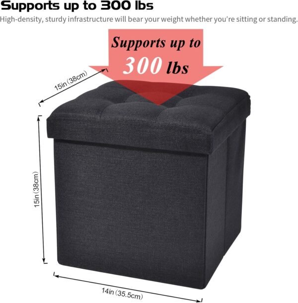 WoneNice Folding Storage Ottoman Cube Foot Rest Stool Seat- 15" x 15" (Linen Black) - Image 3