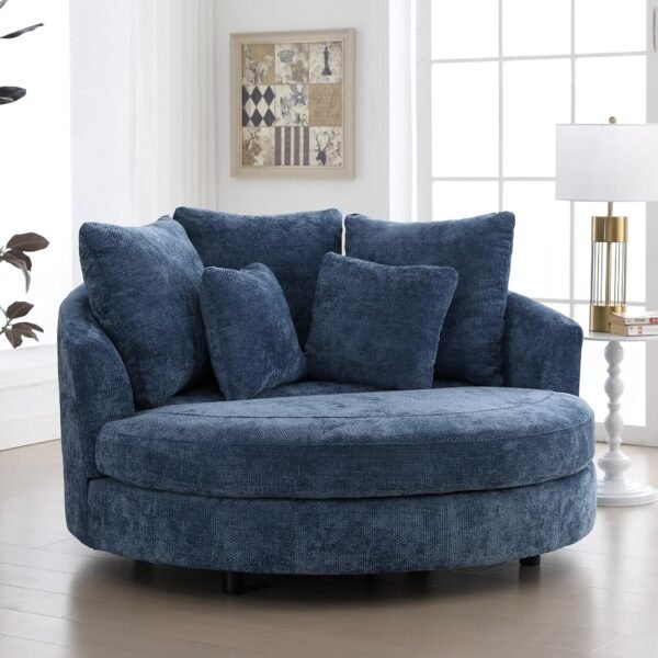 Sinzho & Wiyfun 59.8" W Upholstered Oversized Round Barrel Chair Extra Large Accent Chair with Wheels & 5 Pillows for Living Room, Knitted Chenille Fabric, Blue
