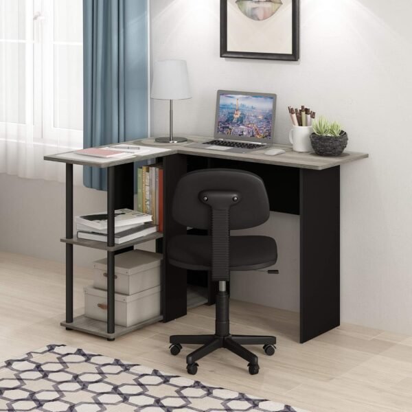 Furinno Abbott L-Shape Computer Desk with Bookshelf, French Oak Grey/Black - Image 2