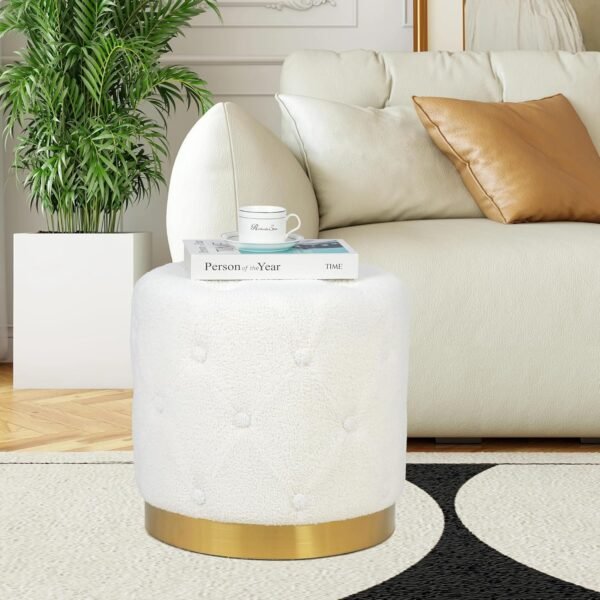 Asense Faux Fur Round Ottoman Button Tufted Upholstered Footrest Extra Seating with Gold Metal Base, White - Image 2