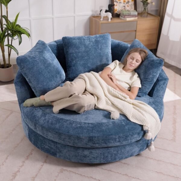 Sinzho & Wiyfun 59.8" W Upholstered Oversized Round Barrel Chair Extra Large Accent Chair with Wheels & 5 Pillows for Living Room, Knitted Chenille Fabric, Blue - Image 7