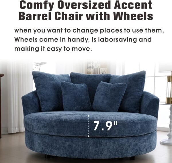 Sinzho & Wiyfun 59.8" W Upholstered Oversized Round Barrel Chair Extra Large Accent Chair with Wheels & 5 Pillows for Living Room, Knitted Chenille Fabric, Blue - Image 4