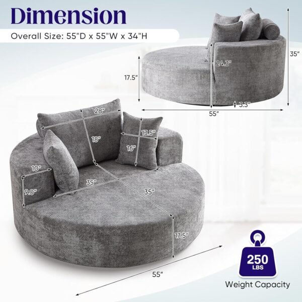 Oversized Round Swivel Chaise Longue Chair Indoor, Modern 55-inch 360 Degree Swivel Upholstered Chenille Deep Seat Circle Single Cloud Sofa Chair for Living Room, Bedroom Apartment, Office, Grey - Image 2