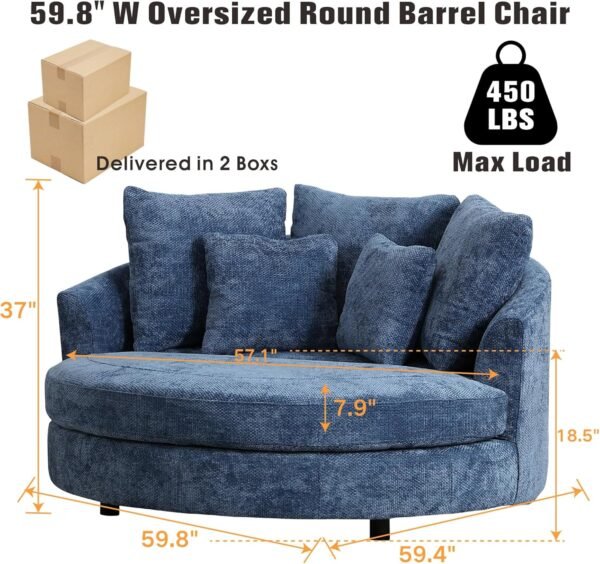 Sinzho & Wiyfun 59.8" W Upholstered Oversized Round Barrel Chair Extra Large Accent Chair with Wheels & 5 Pillows for Living Room, Knitted Chenille Fabric, Blue - Image 2