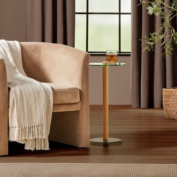 mDesign Glass Top Side/End Drink Table - Tall Modern Round Accent Wood Nightstand Furniture for Living Room, Dorm, Home Office, and Bedroom - 12" Round - Clear/Natural - Image 5