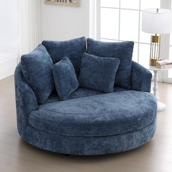 Sinzho & Wiyfun 59.8" W Upholstered Oversized Round Barrel Chair Extra Large Accent Chair with Wheels & 5 Pillows for Living Room, Knitted Chenille Fabric, Blue - Image 8
