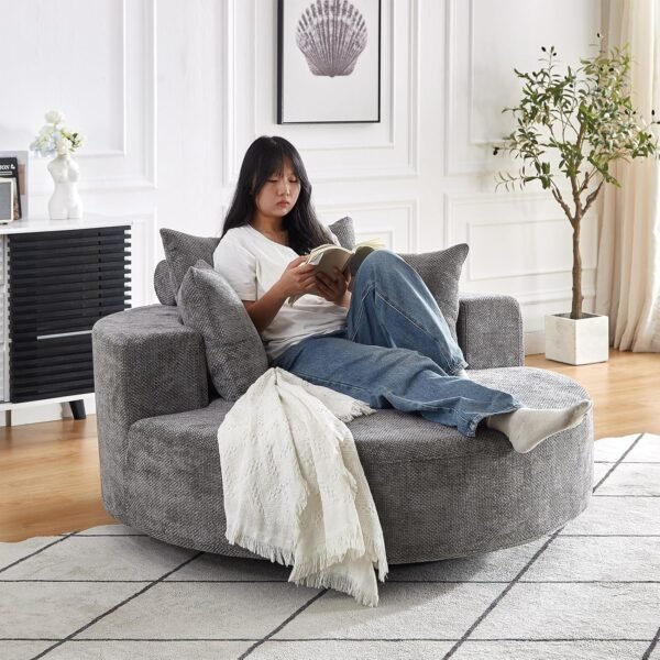 Oversized Round Swivel Chaise Longue Chair Indoor, Modern 55-inch 360 Degree Swivel Upholstered Chenille Deep Seat Circle Single Cloud Sofa Chair for Living Room, Bedroom Apartment, Office, Grey - Image 8
