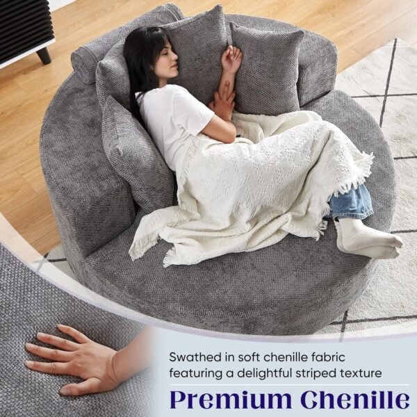 Oversized Round Swivel Chaise Longue Chair Indoor, Modern 55-inch 360 Degree Swivel Upholstered Chenille Deep Seat Circle Single Cloud Sofa Chair for Living Room, Bedroom Apartment, Office, Grey - Image 6