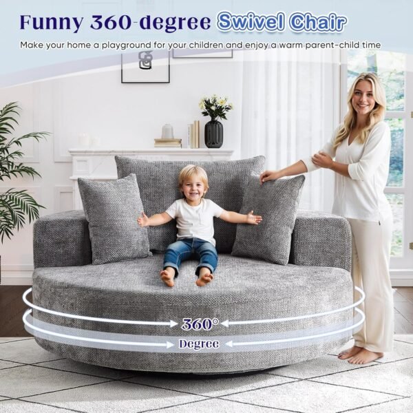 Oversized Round Swivel Chaise Longue Chair Indoor, Modern 55-inch 360 Degree Swivel Upholstered Chenille Deep Seat Circle Single Cloud Sofa Chair for Living Room, Bedroom Apartment, Office, Grey - Image 4