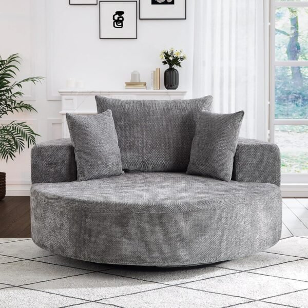 Oversized Round Swivel Chaise Longue Chair Indoor, Modern 55-inch 360 Degree Swivel Upholstered Chenille Deep Seat Circle Single Cloud Sofa Chair for Living Room, Bedroom Apartment, Office, Grey - Image 3