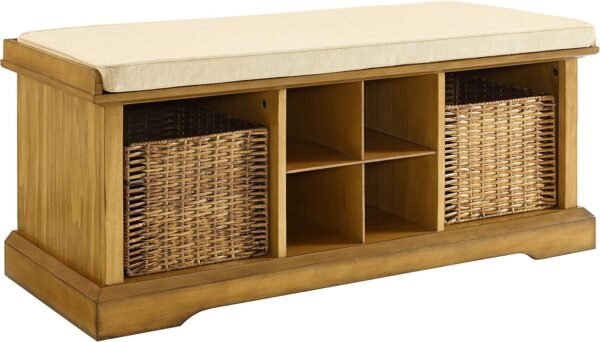 Crosley Furniture Brennan Entryway Storage Bench with Bins and a Shoe Rack Organizer, Natural