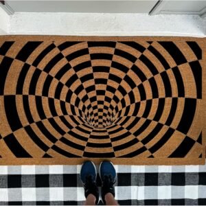 Hole Optical Illusion Pattern Door Mat | Quirky Cool Checkered Doormat | Premium Quality, Thick 100% Coir Coconut Husk Front & Made in The USA – Doormat STK 1614