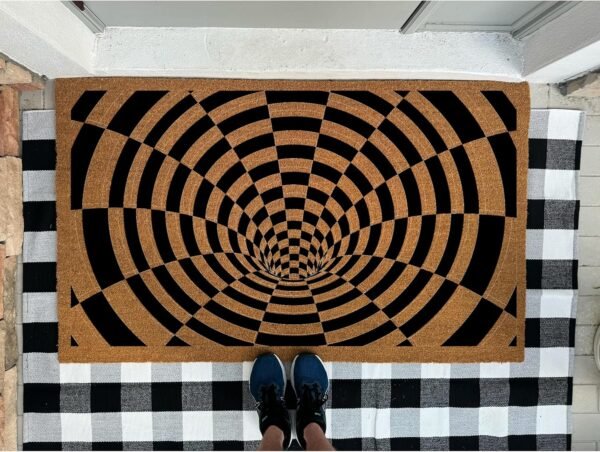 Hole Optical Illusion Pattern Door Mat | Quirky Cool Checkered Doormat | Premium Quality, Thick 100% Coir Coconut Husk Front & Made in The USA - Doormat STK 1614