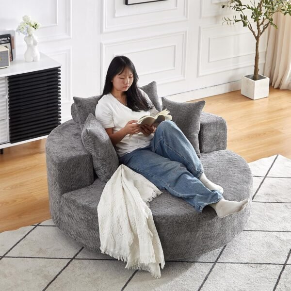 Oversized Round Swivel Chaise Longue Chair Indoor, Modern 55-inch 360 Degree Swivel Upholstered Chenille Deep Seat Circle Single Cloud Sofa Chair for Living Room, Bedroom Apartment, Office, Grey - Image 9