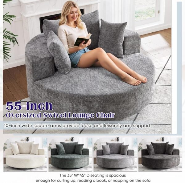 Oversized Round Swivel Chaise Longue Chair Indoor, Modern 55-inch 360 Degree Swivel Upholstered Chenille Deep Seat Circle Single Cloud Sofa Chair for Living Room, Bedroom Apartment, Office, Grey - Image 7