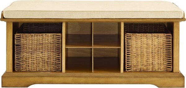 Crosley Furniture Brennan Entryway Storage Bench with Bins and a Shoe Rack Organizer, Natural - Image 3
