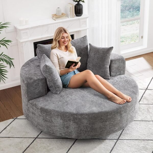 Oversized Round Swivel Chaise Longue Chair Indoor, Modern 55-inch 360 Degree Swivel Upholstered Chenille Deep Seat Circle Single Cloud Sofa Chair for Living Room, Bedroom Apartment, Office, Grey
