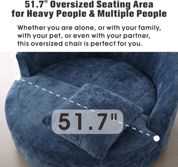 Sinzho & Wiyfun 59.8" W Upholstered Oversized Round Barrel Chair Extra Large Accent Chair with Wheels & 5 Pillows for Living Room, Knitted Chenille Fabric, Blue - Image 3