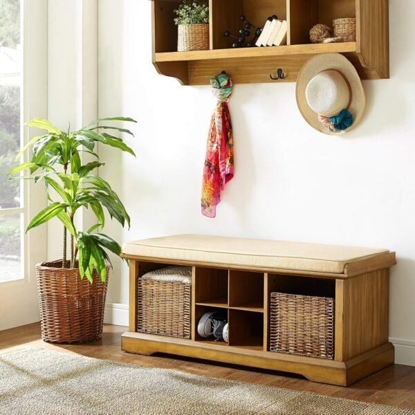 Crosley Furniture Brennan Entryway Storage Bench with Bins and a Shoe Rack Organizer, Natural - Image 8