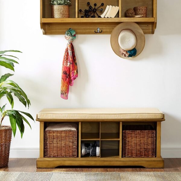 Crosley Furniture Brennan Entryway Storage Bench with Bins and a Shoe Rack Organizer, Natural - Image 7