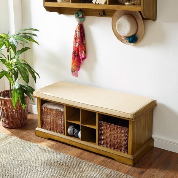 Crosley Furniture Brennan Entryway Storage Bench with Bins and a Shoe Rack Organizer, Natural - Image 6