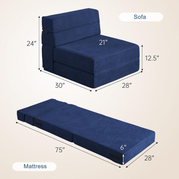 Folding Sofa Bed with Pillow Memory Foam Convertible Sleeper Chair Bed Couch Futon Lazy for Living Room/Home Office/Guest Beds/Apartment/Upstairs Loft,Single Size,Dark Blue - Image 3