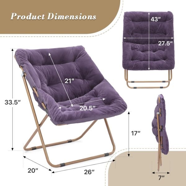 Athena Collection Saucer Chair for Adult, Square Comfy Cozy Chair Folding Chair Faux Fur Metal Frame Foldable Reading Chair Accent Chair for Bed Room Living Room, Purple - Image 3