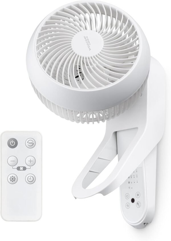 IRIS USA WOOZOO Air Circulator Wall Mount Fan with Remote, 360° Oscillation, 3 Speeds, 414 sqft Coverage, Quiet 30dB Motor, Adjustable Tilt, for Bedroom, Living Room, Office, Dorm, White