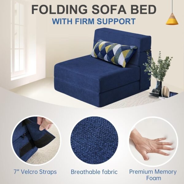 Folding Sofa Bed with Pillow Memory Foam Convertible Sleeper Chair Bed Couch Futon Lazy for Living Room/Home Office/Guest Beds/Apartment/Upstairs Loft,Single Size,Dark Blue - Image 7