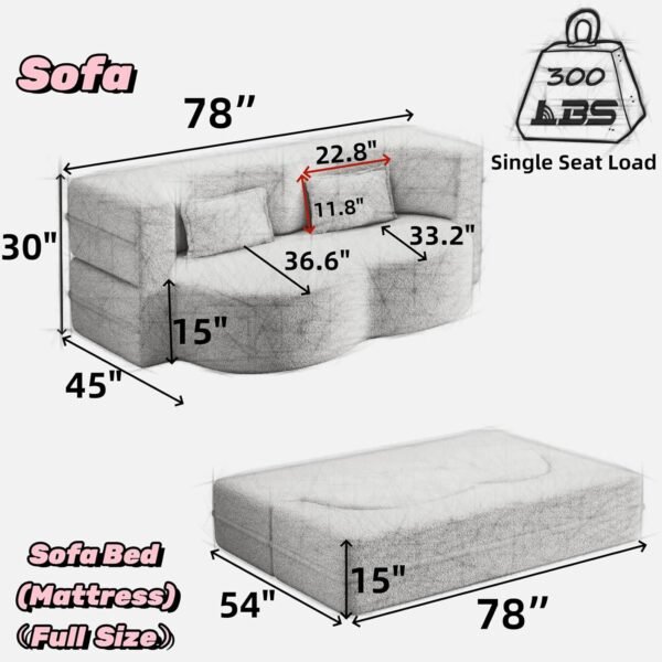 Oval Convertible Floor Sofa Bed, Teddy Cloud Sleeper Sofa Boucle Loveseat Couch Bed with 2 Pillows, 78" Full Size Folding Mattress, for Living Room, Guest Bed, Playroom, No Assembly Required, Gray - Image 3