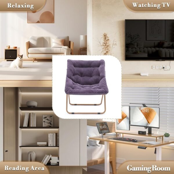 Athena Collection Saucer Chair for Adult, Square Comfy Cozy Chair Folding Chair Faux Fur Metal Frame Foldable Reading Chair Accent Chair for Bed Room Living Room, Purple - Image 8