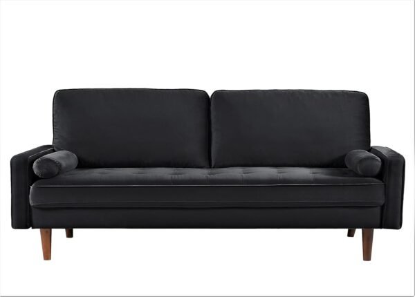 Velvet Tufted Sofas for Living Room, Classic Mid-Century Style with Modern Silhouette, Button Tufting and Wood Legs, Includes 2 Bolster Pillows, Couch, Black