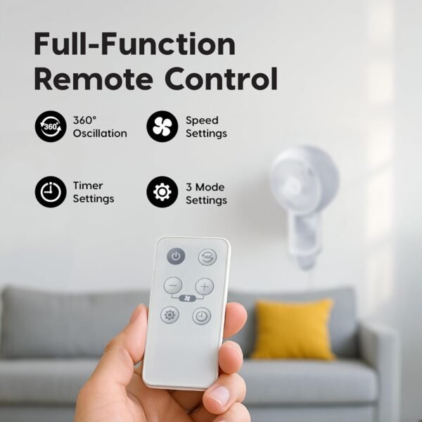 IRIS USA WOOZOO Air Circulator Wall Mount Fan with Remote, 360° Oscillation, 3 Speeds, 414 sqft Coverage, Quiet 30dB Motor, Adjustable Tilt, for Bedroom, Living Room, Office, Dorm, White - Image 6