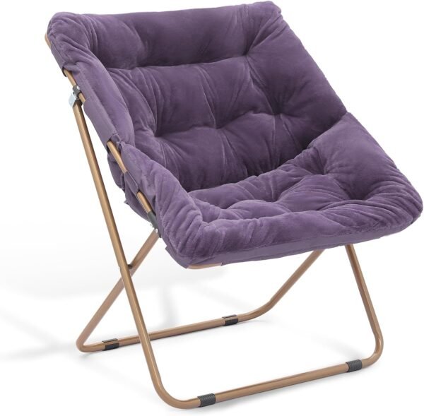 Athena Collection Saucer Chair for Adult, Square Comfy Cozy Chair Folding Chair Faux Fur Metal Frame Foldable Reading Chair Accent Chair for Bed Room Living Room, Purple