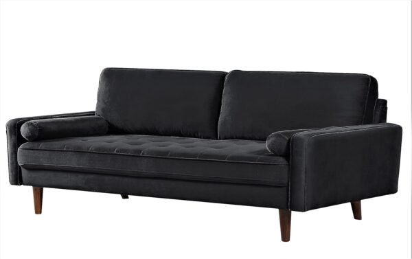 Velvet Tufted Sofas for Living Room, Classic Mid-Century Style with Modern Silhouette, Button Tufting and Wood Legs, Includes 2 Bolster Pillows, Couch, Black - Image 3