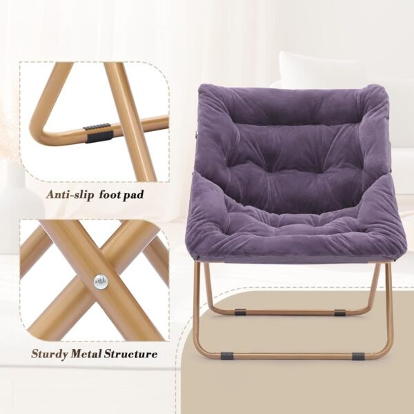 Athena Collection Saucer Chair for Adult, Square Comfy Cozy Chair Folding Chair Faux Fur Metal Frame Foldable Reading Chair Accent Chair for Bed Room Living Room, Purple - Image 7